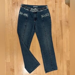 Vintage Adolfo Straight Leg Jeans with Double Buckle & Hawaiian Floral Trim